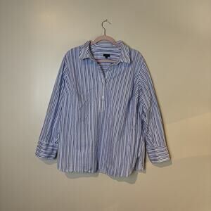 Talbots Woman 2X Blue & White Cotton Popover Cottage Roll Tab Coastal Workwear